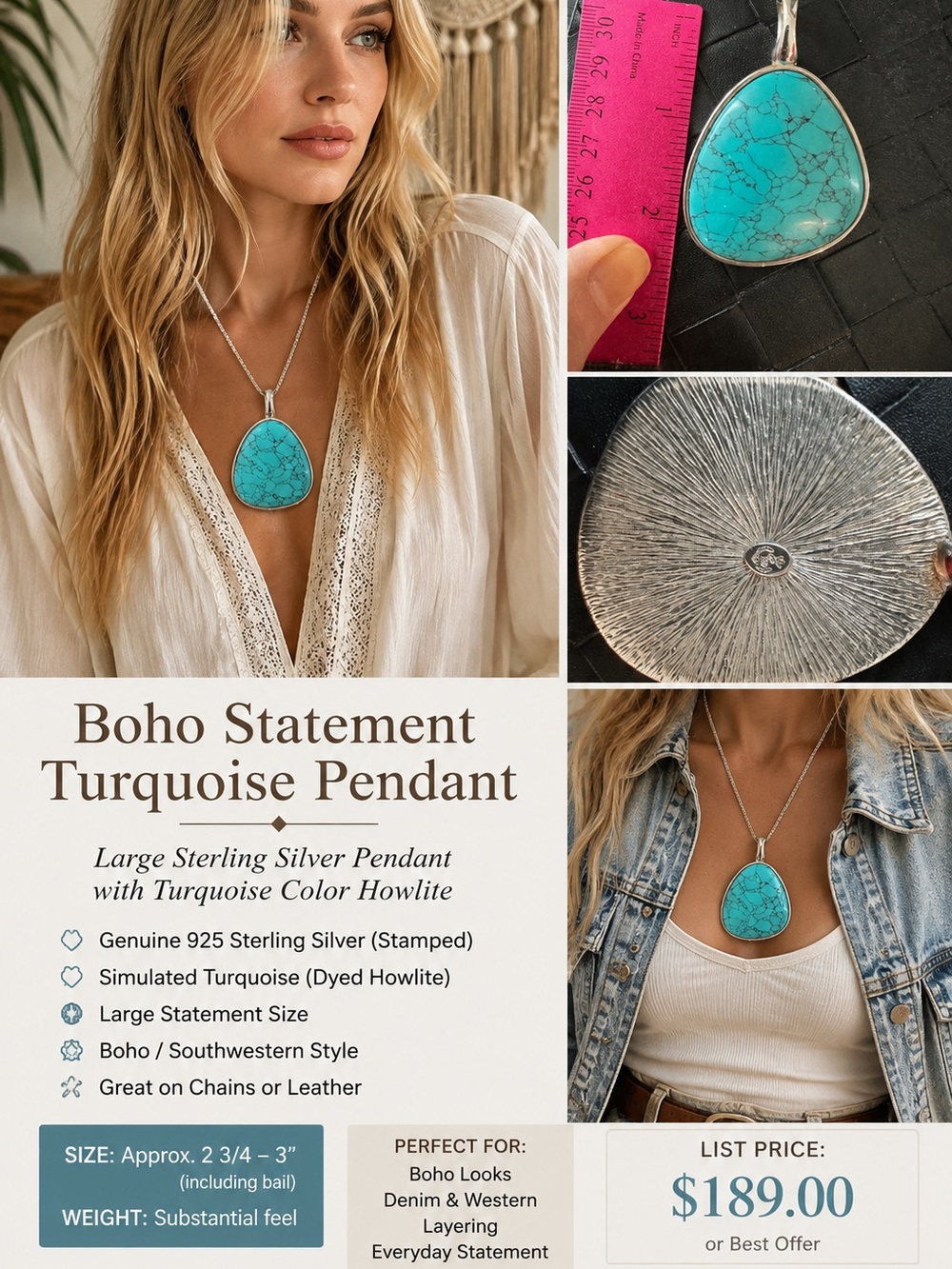Boho Statement Turquoise Brooch - Sterling Silver Look boho costume elegance!